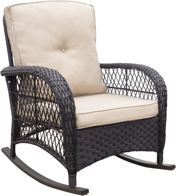 Outdoor Patio Wicker Rocker Chair, Porch Rattan Rocking Chair with Soft Cushions, Khaki