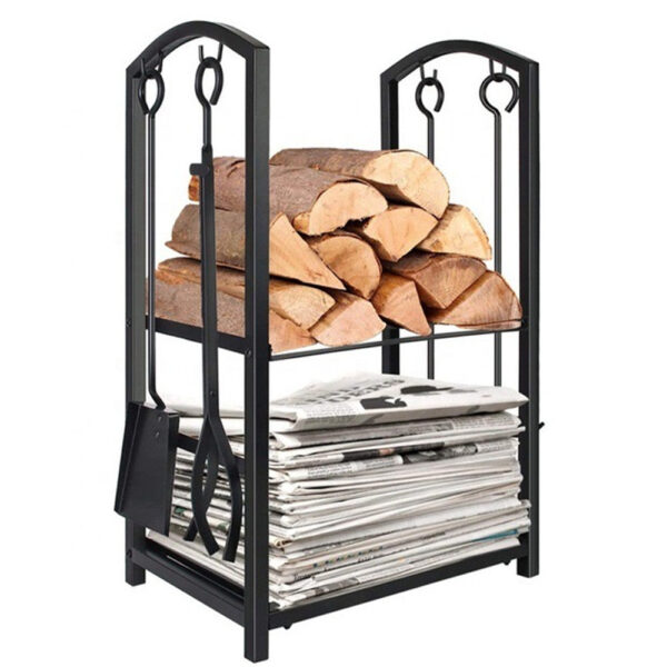 Wrought Iron Steel Frame Firewood Storage Holder with 4 Tools, Black