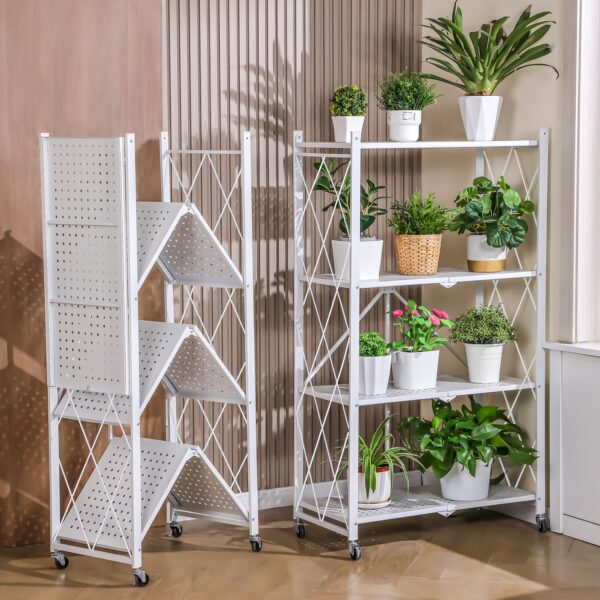 4 Tier White Heavy Duty Foldable Metal Organizer Shelves with Wheels