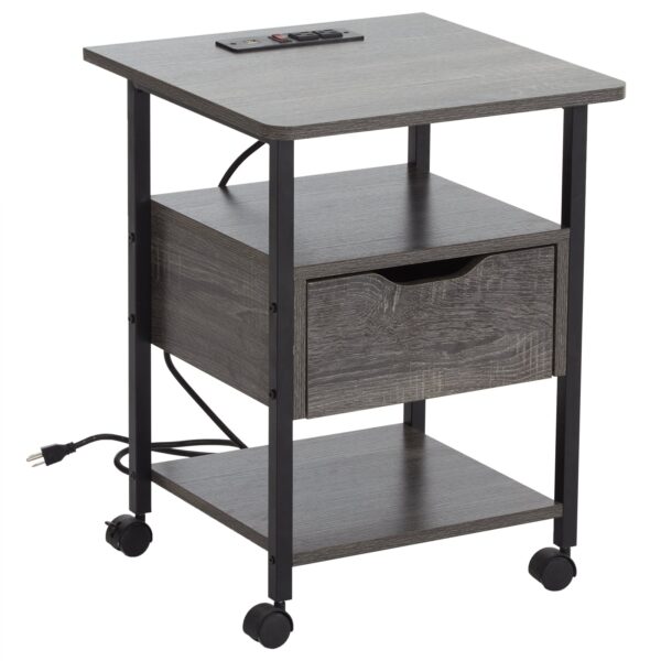 Side Table with Charging Station and Wheels,Grey